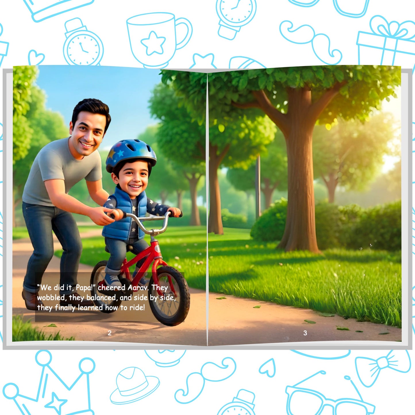 Interior spread of My Dad, My Hero personalized storybook showing a father helping his child learn to ride a bicycle – ARXprints