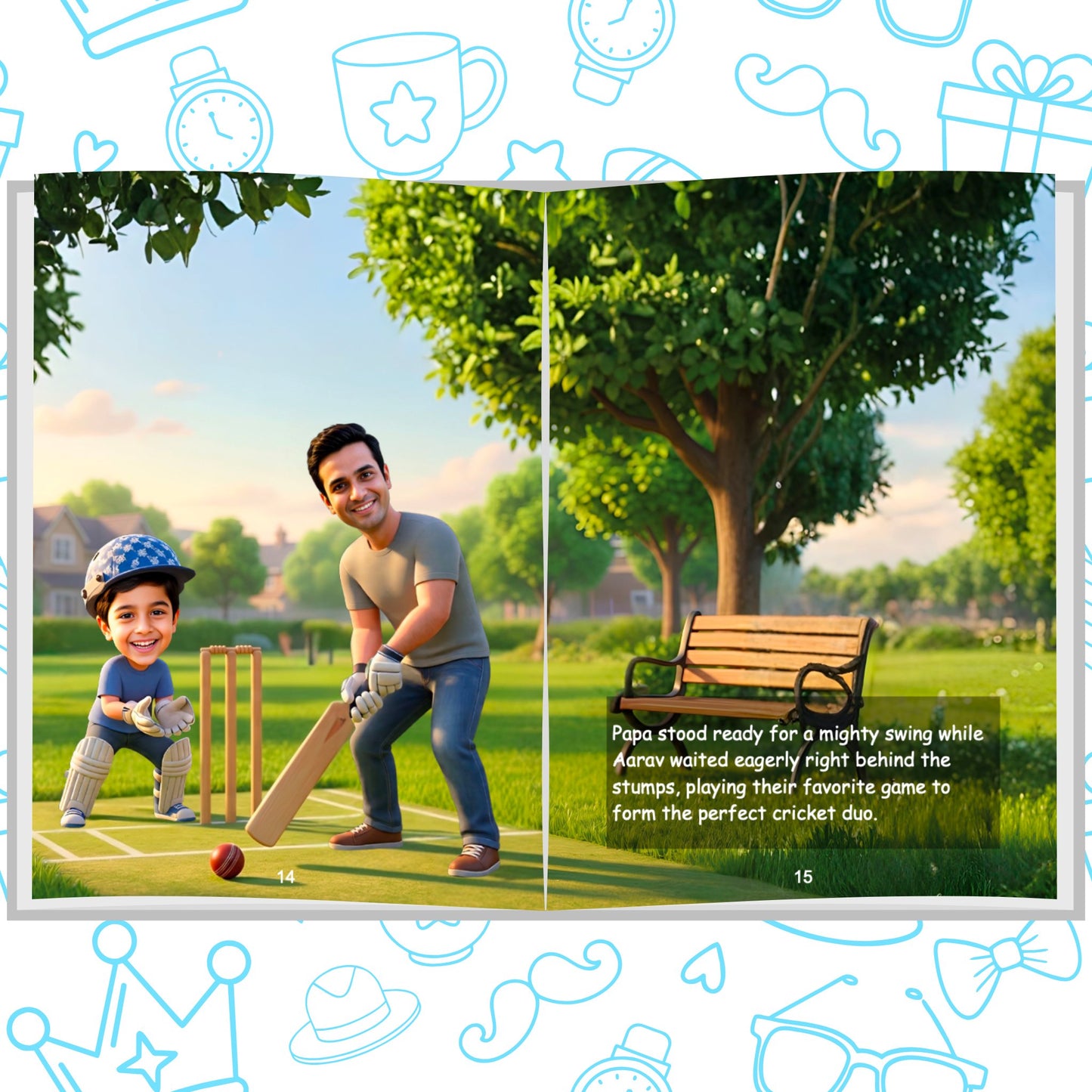 Interior spread of My Dad, My Hero personalized storybook showing a father batting and child wicket-keeping in a cricket match – ARXprints