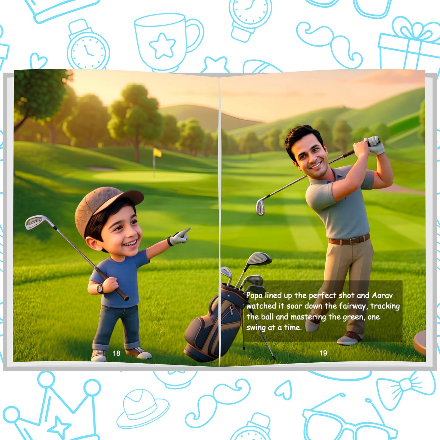 Interior spread of My Dad, My Hero personalized storybook showing a father and son playing golf together on a sunny fairway – ARXprints