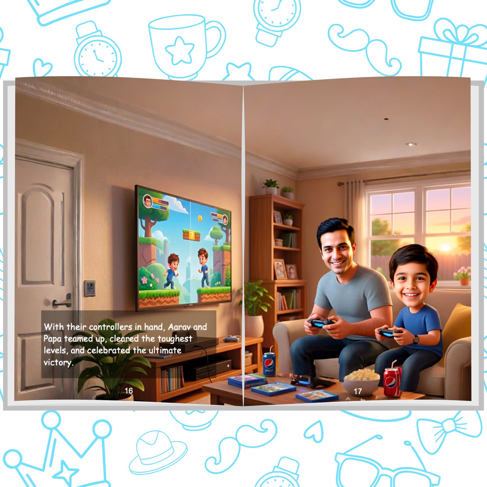 Interior spread of My Dad, My Hero personalized storybook showing a father and son playing video games together on the couch – ARXprints