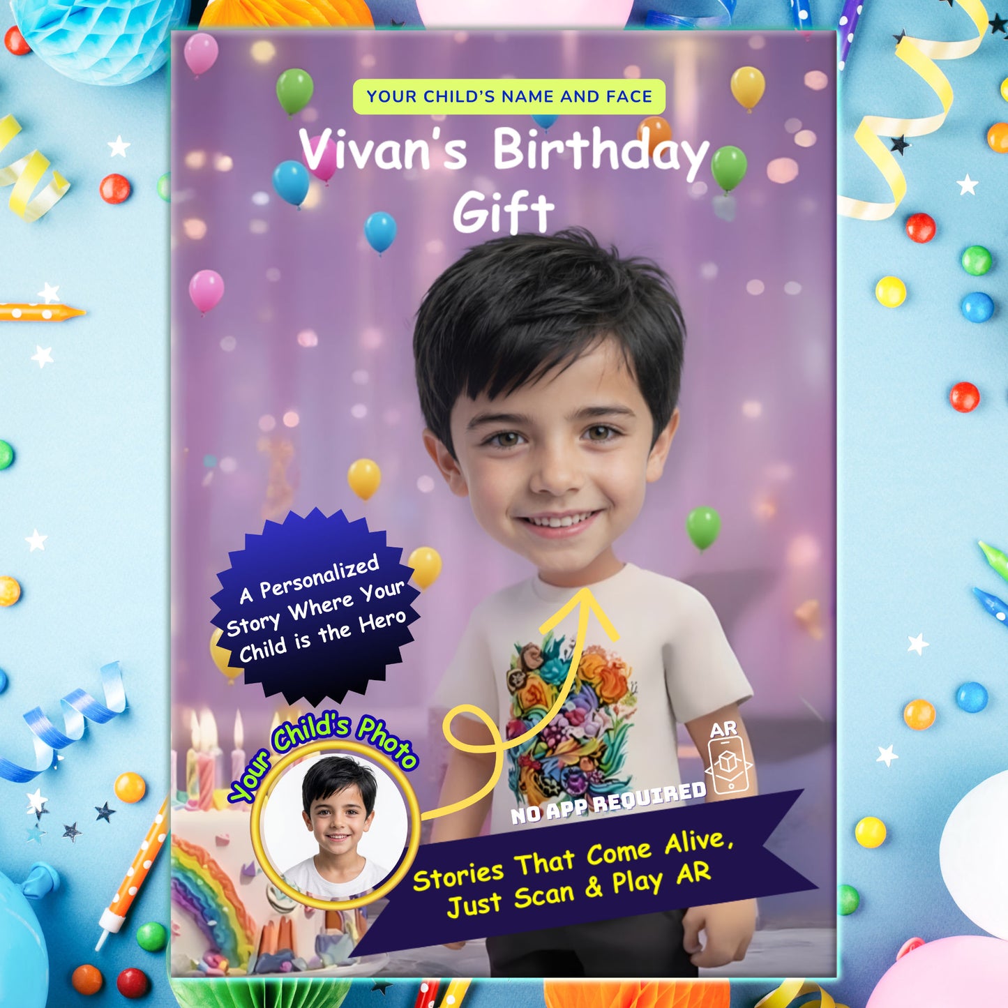 Personalized birthday storybook cover featuring a smiling boy at a colorful party with rainbow cake and candles. Stories that come alive using AR