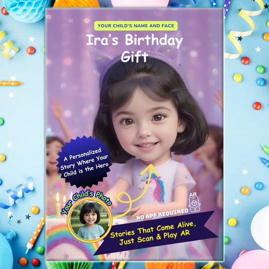 Personalized AR birthday storybook cover featuring a smiling child at a colorful party with rainbow cake and candles