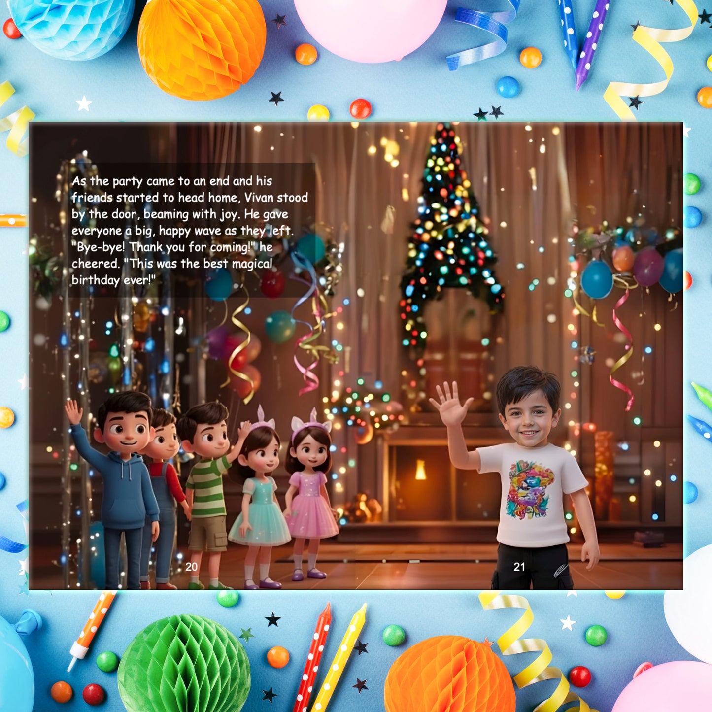 Animated Spread of Personalized birthday storybook showing a boy waving goodbye with friends after a magical party — by ARXprints