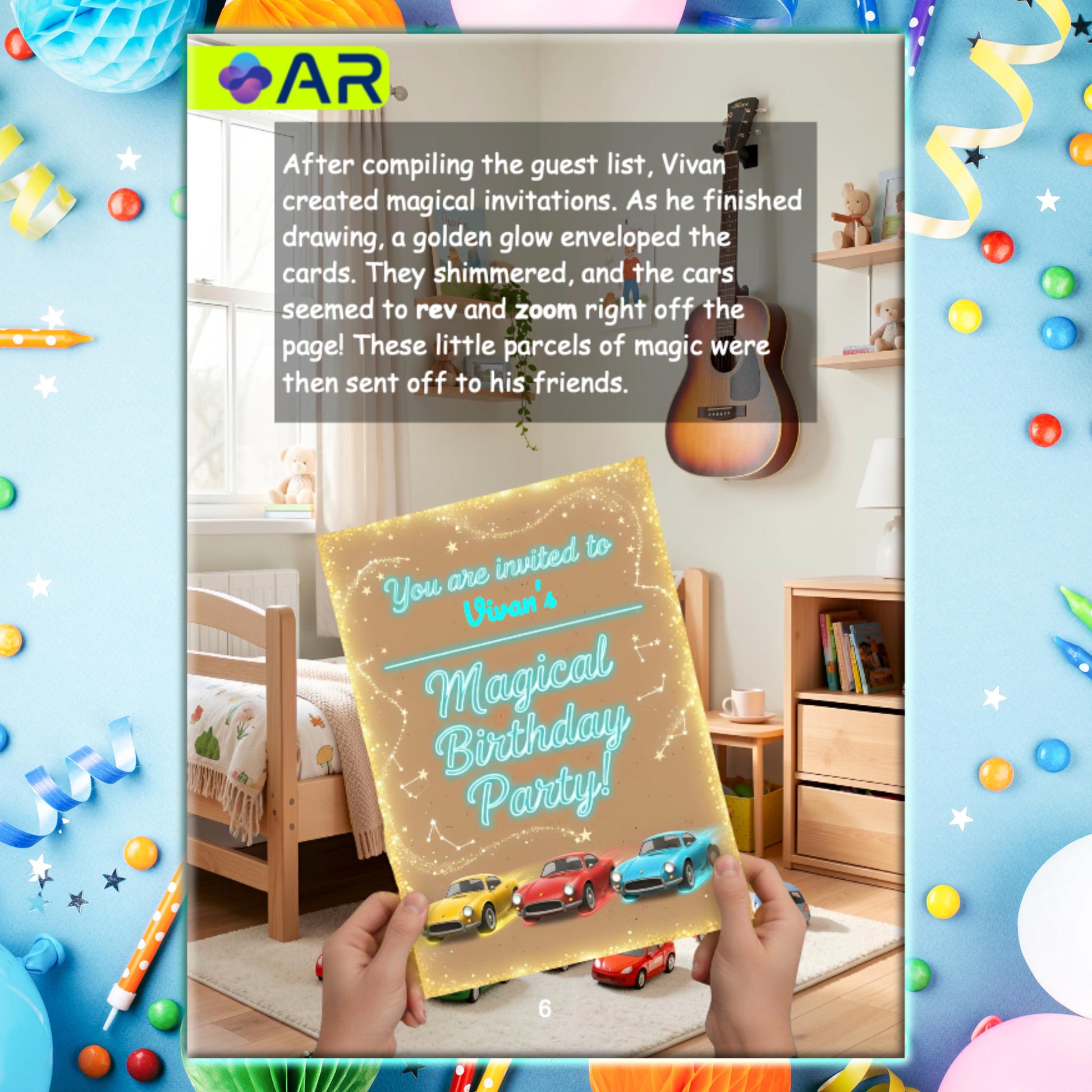 Personalized birthday book AR invitation page — magical glowing card with boy's name and toy cars coming to life through Augmented Reality by ARXprints