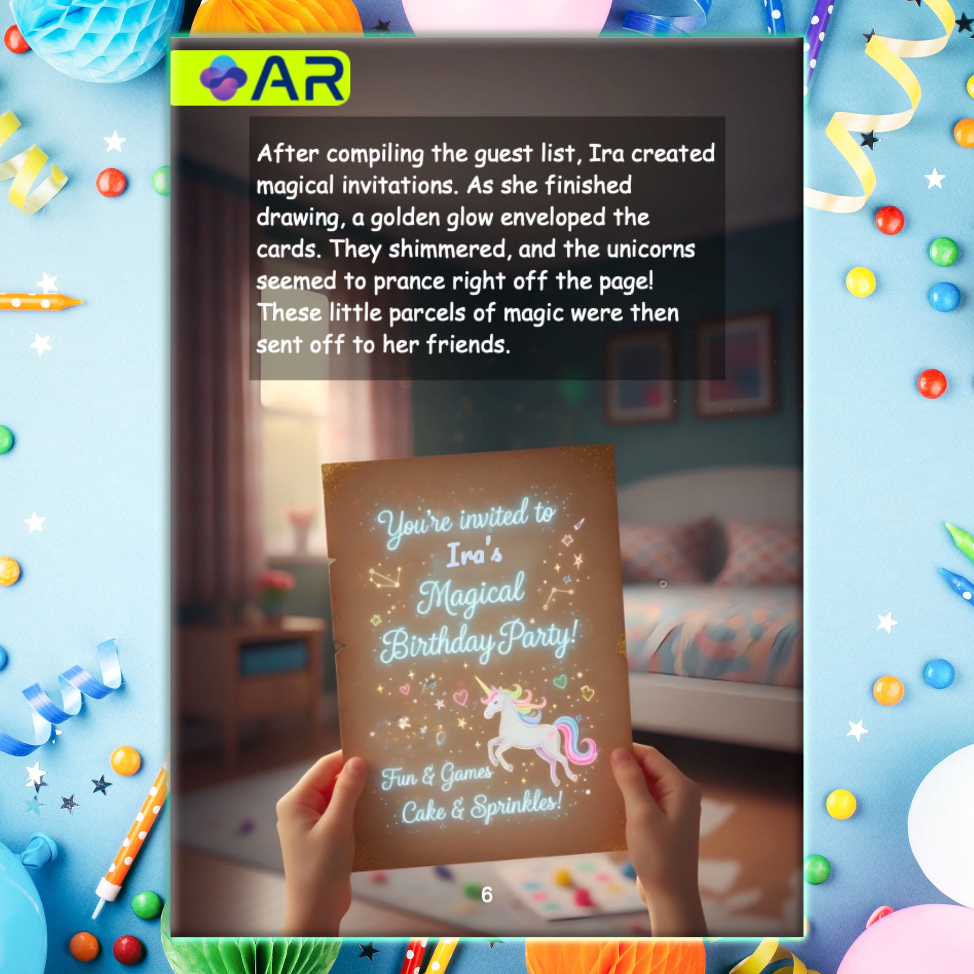 Birthday party invitation page with AR badge that brings the unicorn and magical scene to life through Augmented Reality