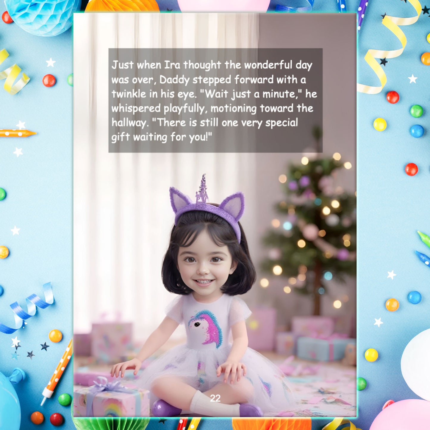 A Girl wearing a unicorn dress and purple headband with text overlay, surrounded by colorful decorations. A Storybook page of ARXprints Birthday Gift