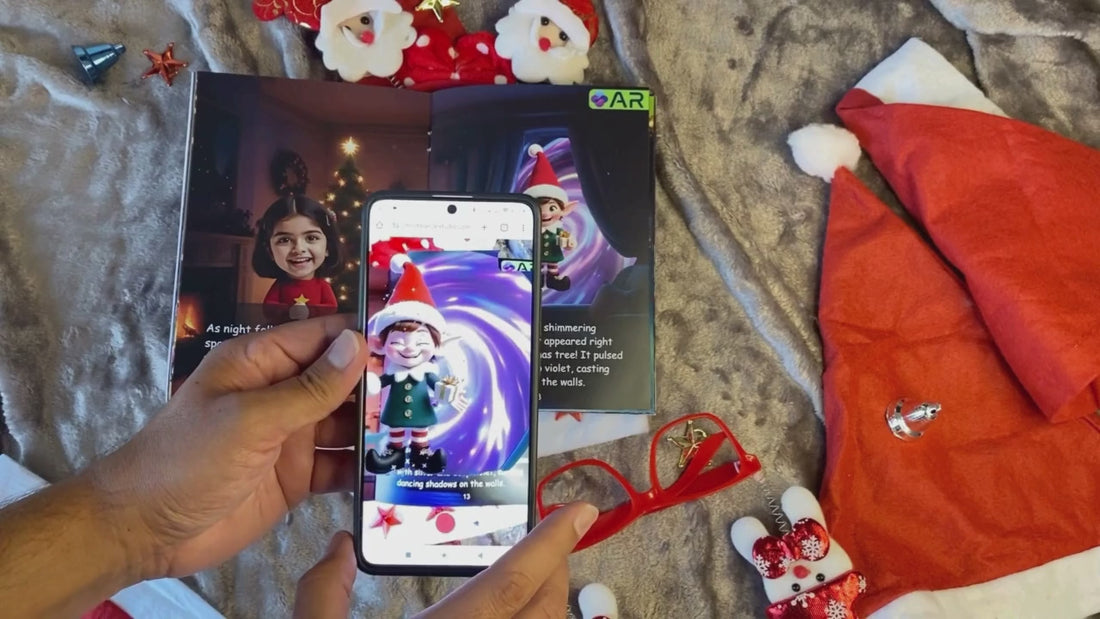 A video of a personalized AR Christmas book. On a mobile screen, magical animations are shown leaping off the book's pages and visually blending with the child's photo printed in the story. Custom Book with child name and photo. AR Book. Augmented Reality Book